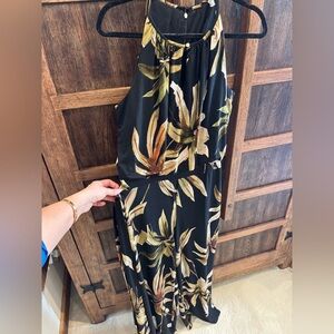 T Tahari Black Tropical Leaf Halter Jumpsuit